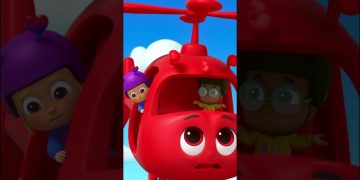 Animated kids in red helicopter cartoon scene
