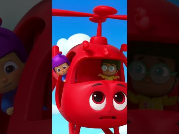 Animated kids in red helicopter cartoon scene