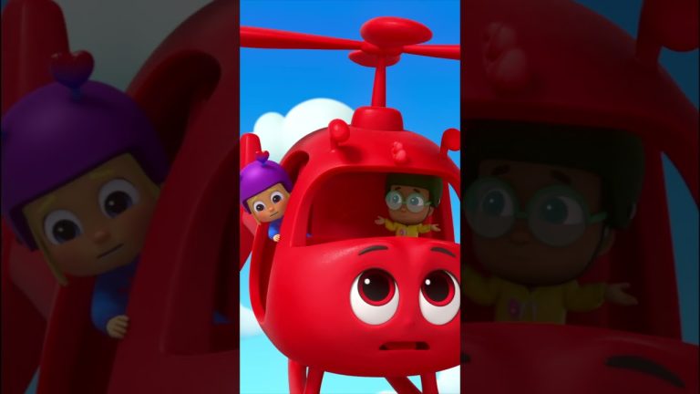 Animated kids in red helicopter cartoon scene