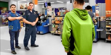 Store employee and officer confront customer in green hoodie.