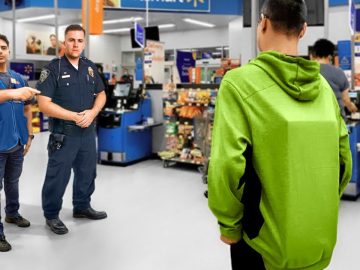 Store employee and officer confront customer in green hoodie.