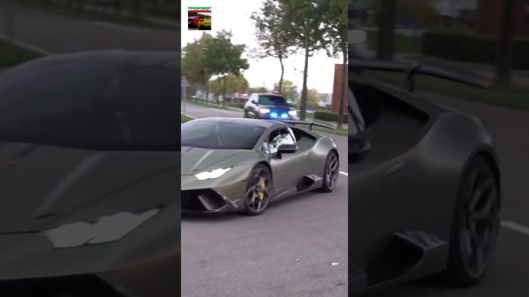 Green sports car followed by police vehicle.