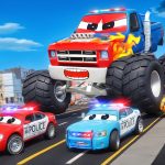 Animated monster truck chased by police cars.
