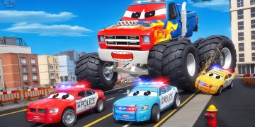 Animated monster truck chased by police cars.