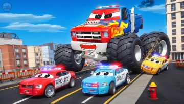 Animated monster truck chased by police cars.