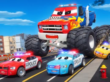 Animated monster truck chased by police cars.