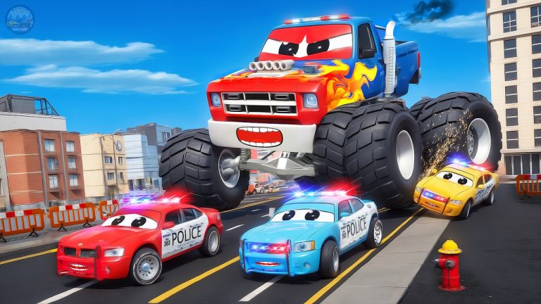Animated monster truck chased by police cars.