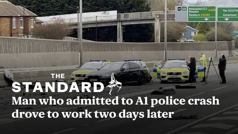 Police at A1 highway crash scene with vehicles