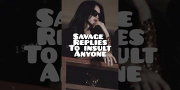Confident woman with text: Savage replies to insults.