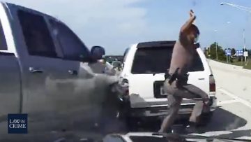 Highway collision involving police officer and vehicles.