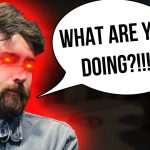 Man with glowing eyes asking, 'What are you doing?'