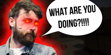 Man with glowing eyes asking, 'What are you doing?'