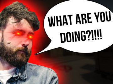 Man with glowing eyes asking, 'What are you doing?'