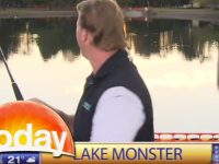 Reporter fishing in lake during news segment.