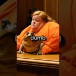 Person in orange with frog on desk, text 'dumb'.
