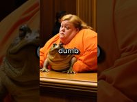 Person in orange with frog on desk, text 'dumb'.