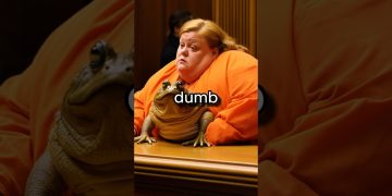 Person in orange with frog on desk, text 'dumb'.