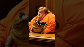 Person in orange with frog on desk, text 'dumb'.