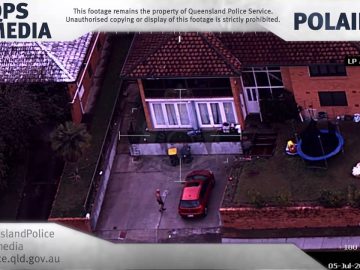 Aerial view of house, car, and garden scene.