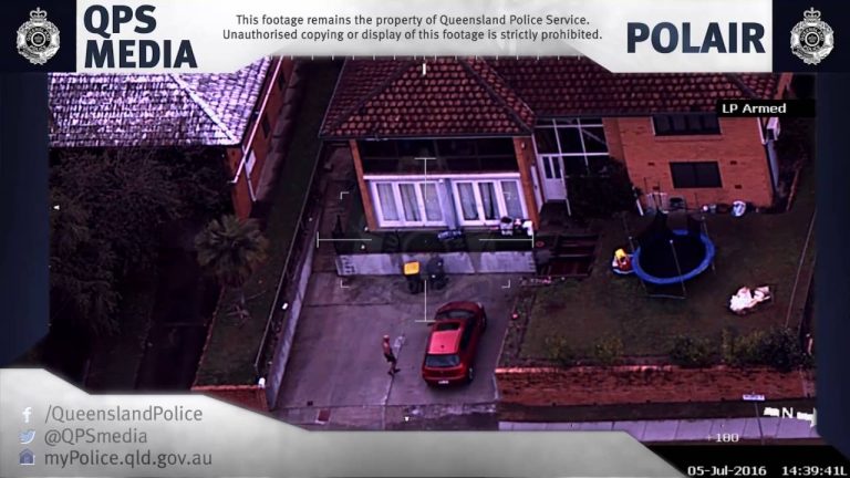 Aerial view of house, car, and garden scene.