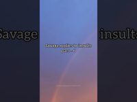 Savage replies to insults against rainbow sky background.