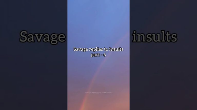 Savage replies to insults against rainbow sky background.