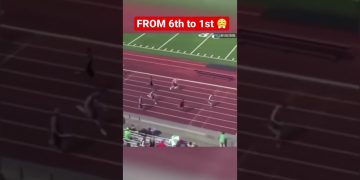 Track race, runner moving from sixth to first place.
