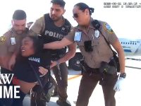 Police detaining person at airport runway.