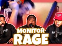 Three men reacting to monitor rage video.