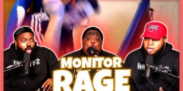 Three men reacting to monitor rage video.