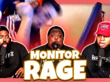 Three men reacting to monitor rage video.