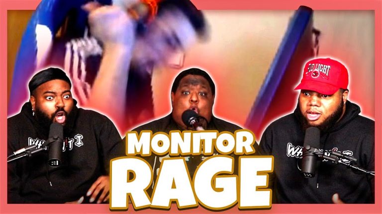 Three men reacting to monitor rage video.