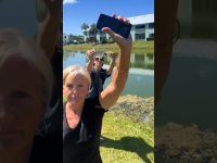 People holding phones by a pond
