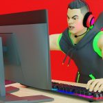 Angry gamer punching computer screen animated