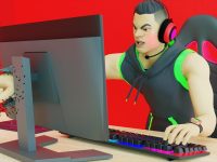 Angry gamer punching computer screen animated