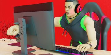 Angry gamer punching computer screen animated
