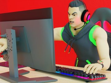 Angry gamer punching computer screen animated