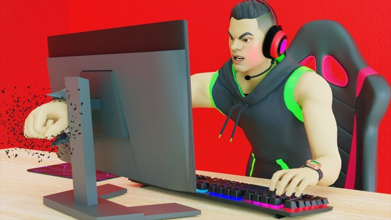 Angry gamer punching computer screen animated