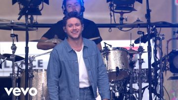 Musician performing on stage with drums behind.