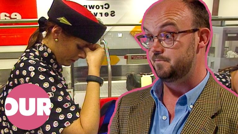 Airport worker looking stressed at counter
