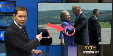 News presenter highlights handshake moment on screen.