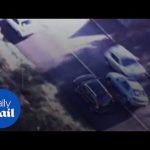 Three cars on highway, aerial view