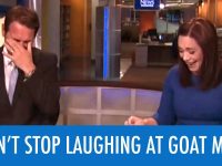News anchors laughing during broadcast blooper.