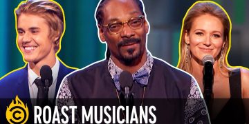 Three musicians smiling at comedy roast event.