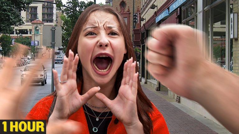 Woman shouting on city street with blurred fists.