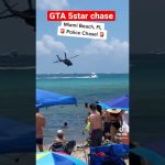 Helicopter chase near Miami Beach, people watching.