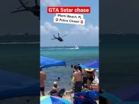 Helicopter chase near Miami Beach, people watching.