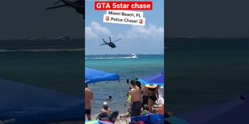 Helicopter chase near Miami Beach, people watching.