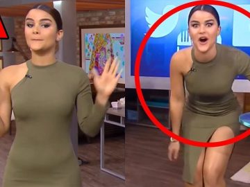 Woman in green dress on TV show set