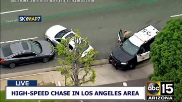 Police vehicle at car chase scene, Los Angeles